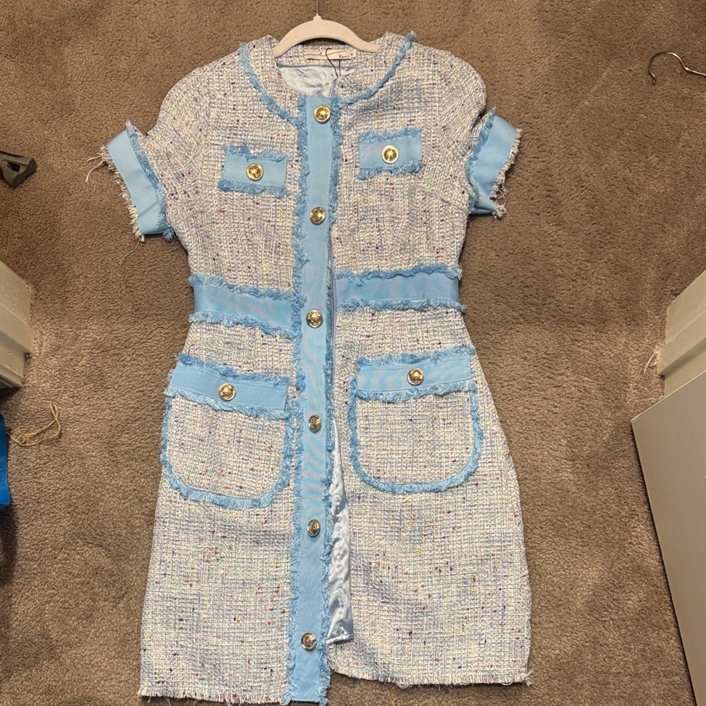 Elegant Blue Tweed Mini Dress